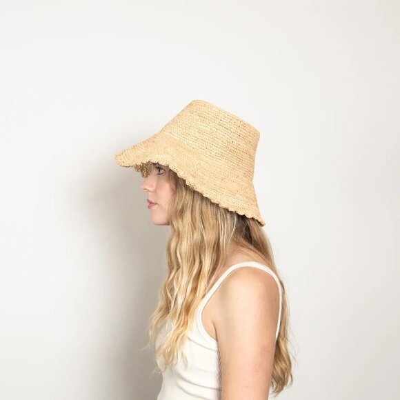 New Wyeth Lacey Raffia Crochet Scalloped Edge Natural Bucket Straw Hat NWT - Picture 6 of 15